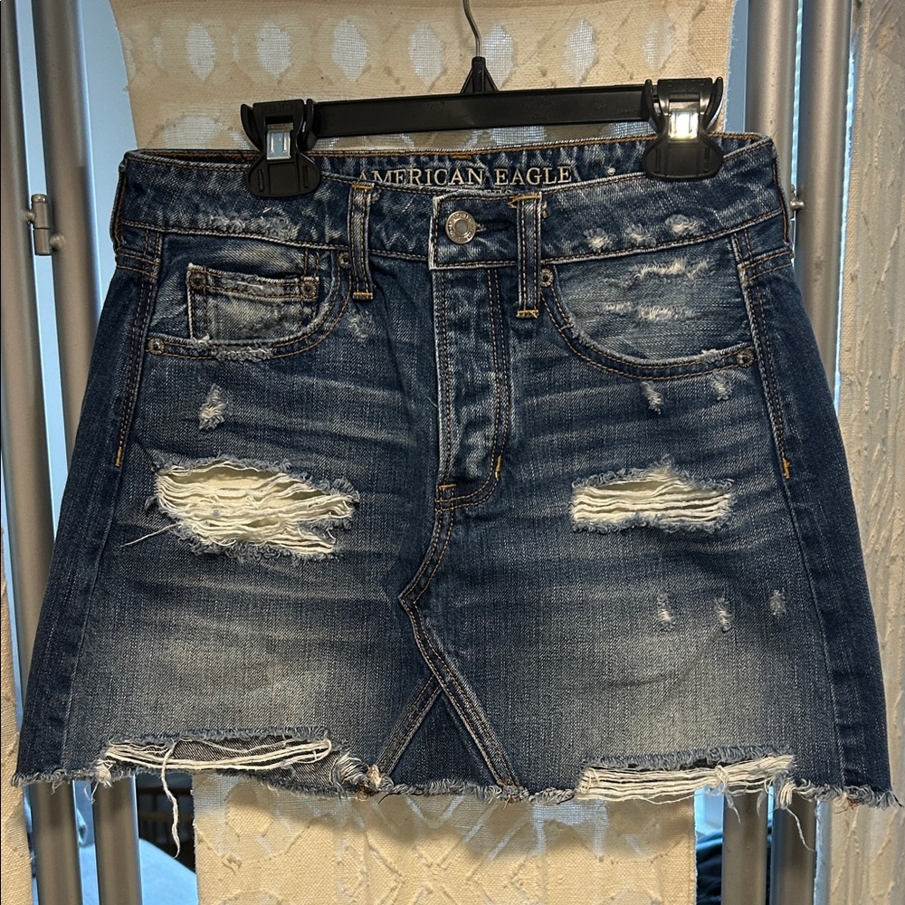 American Eagle Outfitters Ripped Denim Mini Skirt - Dark Blue 0